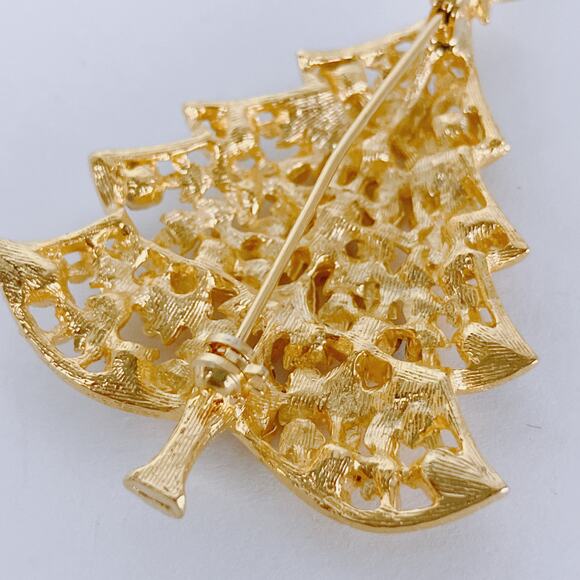 Christmas Tree Brooch Gold Tone Multi Color Rhinestone Festive Holiday Jewelry - Picture 8 of 9
